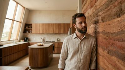 Arsitek Leandro Neves merenungkan dinding taipa de mão yang bertekstur tanah liat di dalam loft minimalis modernnya.