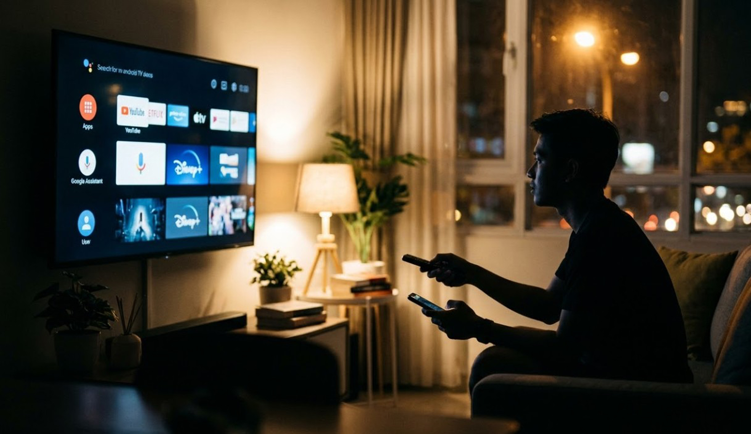 Android TV yang menyala dengan antarmuka aplikasi. Cahaya dari TV menyoroti lingkungan sekitar.