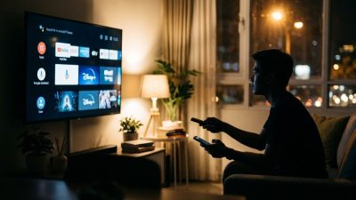 Android TV yang menyala dengan antarmuka aplikasi. Cahaya dari TV menyoroti lingkungan sekitar.