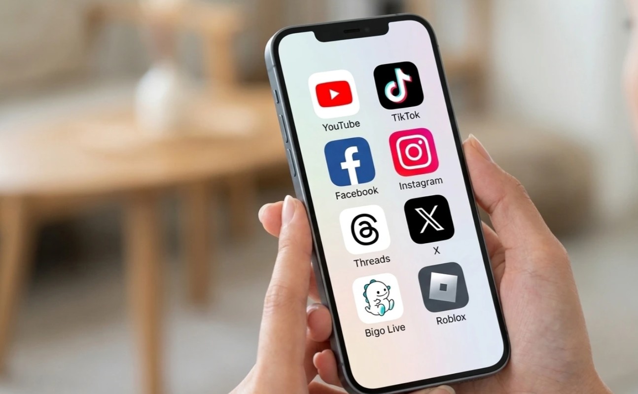 Sebuah foto close-up tangan seseorang yang memegang iPhone modern. Layar ponsel menampilkan grid ikon aplikasi untuk YouTube, TikTok, Facebook, Instagram, Threads, X, Bigo Live, dan Roblox yang tertata rapi. Ikon-ikon tersebut berwarna cerah di atas latar belakang buram interior rumah yang bersahaja.
