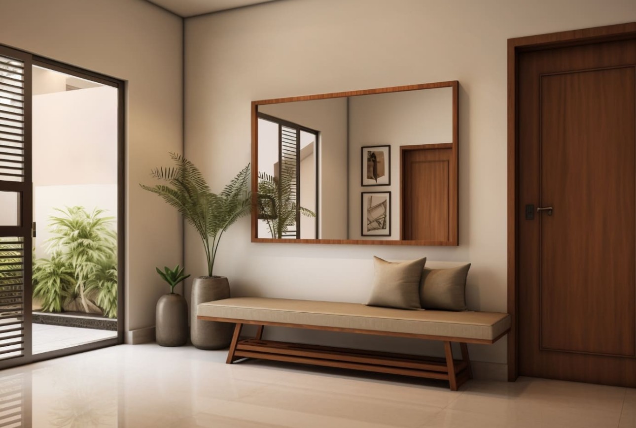 Ilustrasi cermin menghadap pintu kayu di area lorong rumah berdesain minimalis yang rapi.