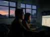 Di dalam ruang kelas sekolah yang remang-remang pada saat senja berawan, dua pegawai negeri sipil (PNS) Indonesia, seorang pria dan seorang wanita yang mengenakan seragam cokelat, duduk serius di depan monitor komputer yang menyala terang. Layar monitor menampilkan situs web 'INFO GTK | STATUS PENCATATAN 2026' dengan status besar bertuliskan 'BELUM VALID' dan tombol 'PERBAIKI'.