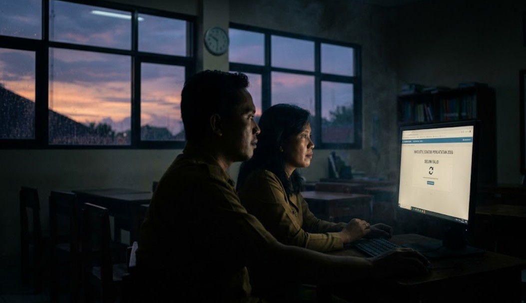 Di dalam ruang kelas sekolah yang remang-remang pada saat senja berawan, dua pegawai negeri sipil (PNS) Indonesia, seorang pria dan seorang wanita yang mengenakan seragam cokelat, duduk serius di depan monitor komputer yang menyala terang. Layar monitor menampilkan situs web 'INFO GTK | STATUS PENCATATAN 2026' dengan status besar bertuliskan 'BELUM VALID' dan tombol 'PERBAIKI'.