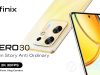 Tampak depan dan belakang ponsel Infinix Zero 30 berwarna elegan yang digenggam oleh seorang pelajar.
