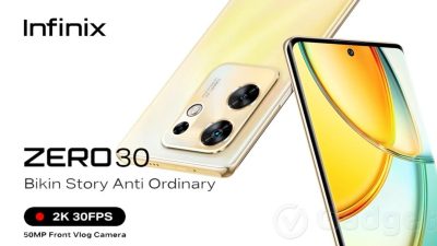 Tampak depan dan belakang ponsel Infinix Zero 30 berwarna elegan yang digenggam oleh seorang pelajar.