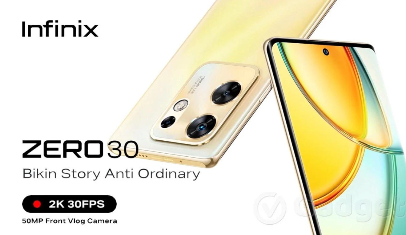 Tampak depan dan belakang ponsel Infinix Zero 30 berwarna elegan yang digenggam oleh seorang pelajar.