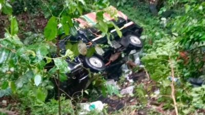 Minibus terperosok ke jurang di tengah hutan.