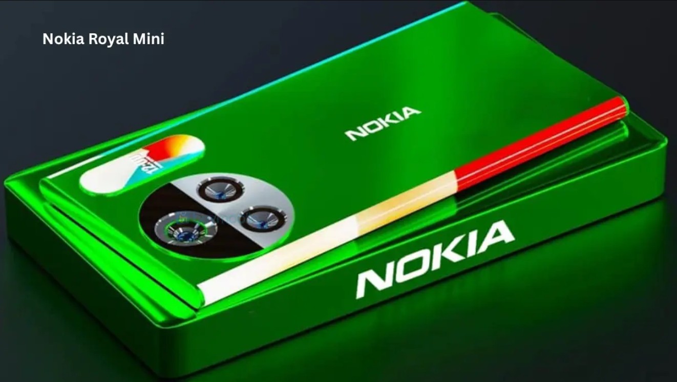 Ponsel yang dilipat memiliki logo 'NOKIA' perak di panel belakang. Sisi ponsel yang terlihat memiliki strip warna krem dan merah.