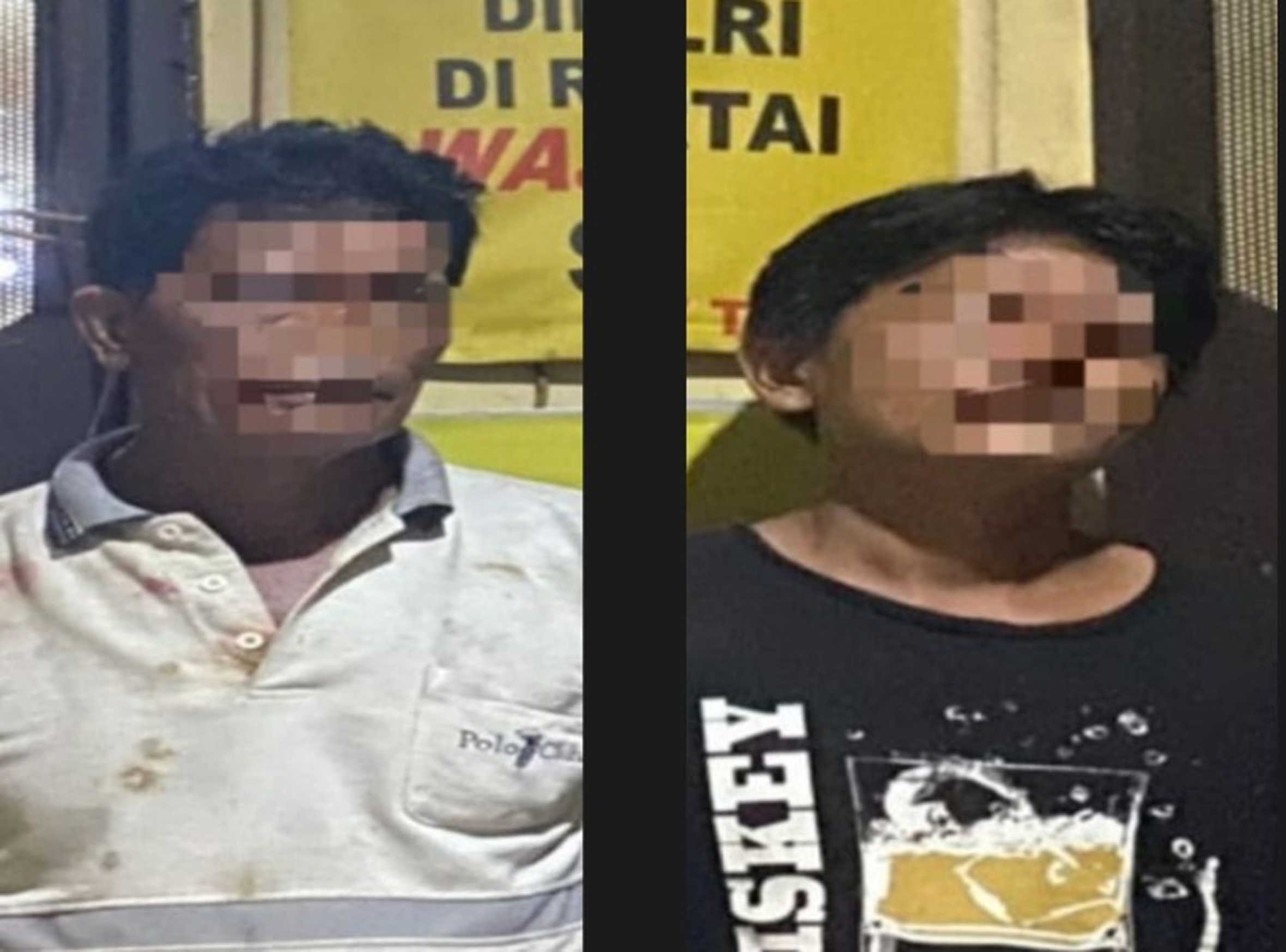 Foto kolase dua pria, pelaku dugaan pengeroyokan di Baturaja OKU, dengan wajah disamarkan, berdiri di depan spanduk kuning. Pria kiri mengenakan kaus polo putih bernoda, pria kanan mengenakan kaus hitam.