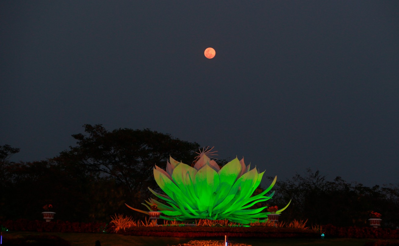 Sebuah patung teratai raksasa yang menyala hijau cerah di malam hari, diposisikan di tengah taman dengan bulan purnama berwarna merah muda/tembaga di langit gelap di atasnya. Siluet pohon-pohon gelap di latar belakang.
