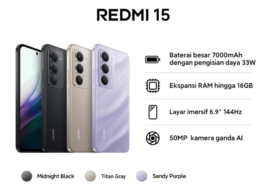 Redmi 15 Menampilkan baterai raksasa 7000mAh dengan pengisian daya 33W, ekspansi RAM hingga 16GB, dan layar imersif 6.9" 144Hz yang halus.