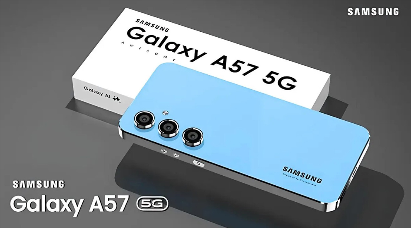 Sebuah render produk yang menampilkan smartphone Samsung Galaxy A57 5G berwarna biru muda dengan bingkai logam perak yang mengilap dan tiga lensa kamera belakang yang menonjol. Ponsel diletakkan di atas boks kemasan putih yang serasi dengan teks 'SAMSUNG Galaxy A57 5G' dan 'Galaxy AI' yang tercetak jelas. Latar belakang gelap.