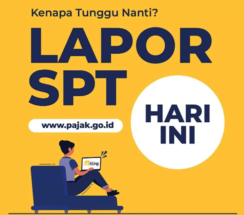 Poster infografis dari Direktorat Jenderal Pajak yang mendorong pelaporan SPT hari ini untuk memanfaatkan kebijakan bebas denda telat lapor SPT melalui e-filing online.
