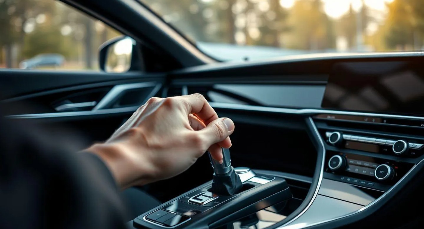 Tampilan jarak dekat tangan seorang pengemudi yang sedang memegang tuas transmisi otomatis pada konsol tengah interior mobil mewah.