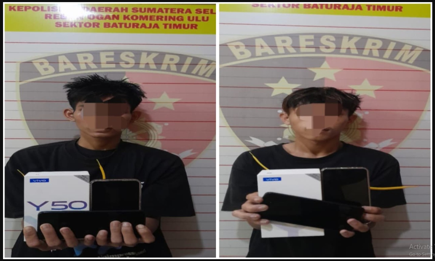 Kolase dua foto pria muda dengan wajah disensor piksel, berdiri di depan spanduk Bareskrim Polsek Baturaja Timur, memegang kotak ponsel putih Vivo Y50 dan dua unit smartphone hitam.
