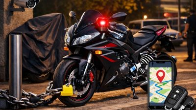 Foto malam hari sebuah sepeda motor sport hitam dan merah diparkir dengan rantai dan kunci cakram terpasang. Sebuah smartphone di latar depan menampilkan aplikasi pelacakan GPS dengan pin lokasi, dengan kunci kontak dan remote fob di sampingnya.