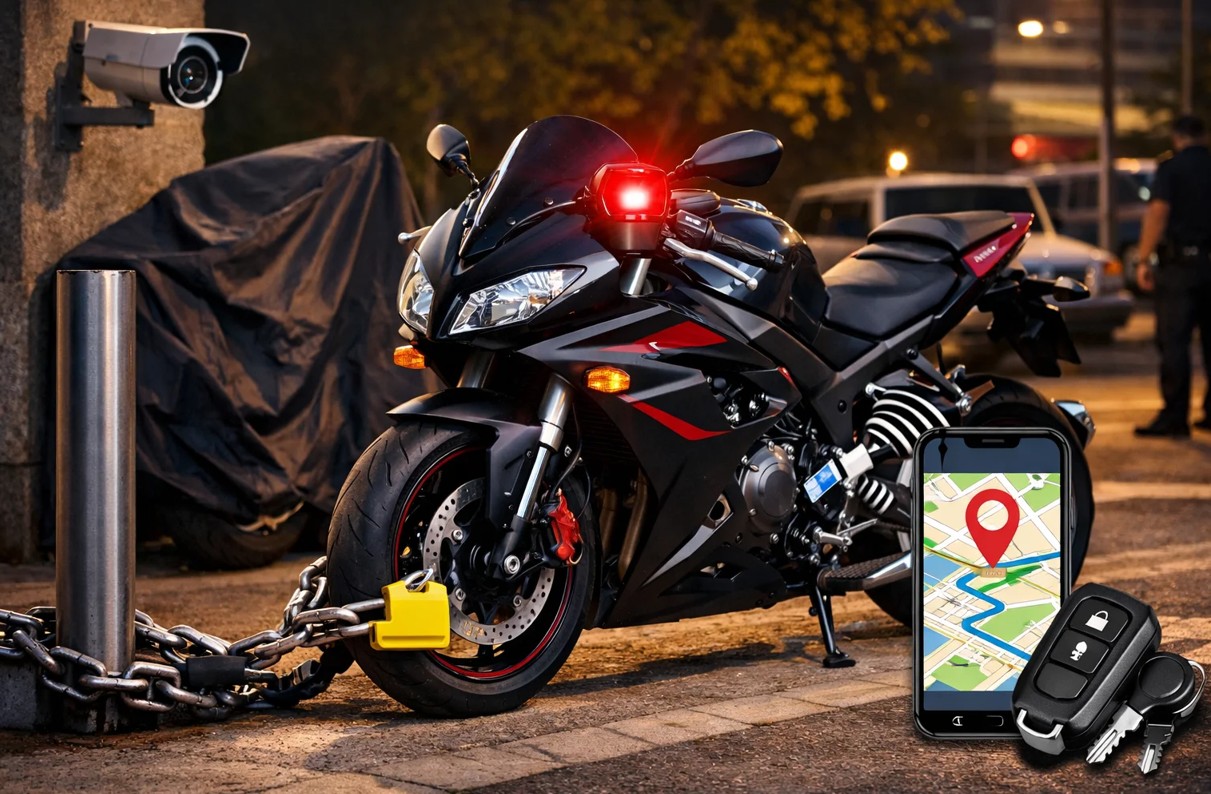 Foto malam hari sebuah sepeda motor sport hitam dan merah diparkir dengan rantai dan kunci cakram terpasang. Sebuah smartphone di latar depan menampilkan aplikasi pelacakan GPS dengan pin lokasi, dengan kunci kontak dan remote fob di sampingnya.