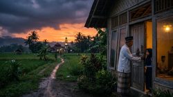Pemandangan senja di pedesaan Indonesia saat hujan. Seorang kakek bersarung dan kopiah bersama cucu perempuannya berdiri di pintu rumah panggung kayu yang terang oleh lampu teplok. Di latar belakang, terlihat sawah hijau, pohon kelapa, dan sebuah masjid dengan menara yang menyala di bawah langit jingga mendung.