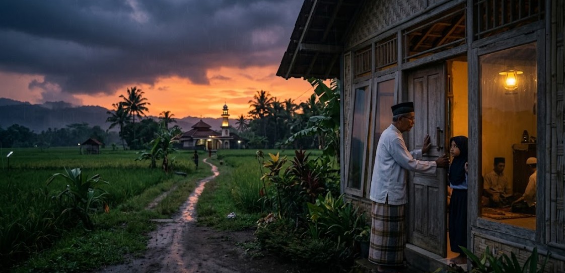 Pemandangan senja di pedesaan Indonesia saat hujan. Seorang kakek bersarung dan kopiah bersama cucu perempuannya berdiri di pintu rumah panggung kayu yang terang oleh lampu teplok. Di latar belakang, terlihat sawah hijau, pohon kelapa, dan sebuah masjid dengan menara yang menyala di bawah langit jingga mendung.
