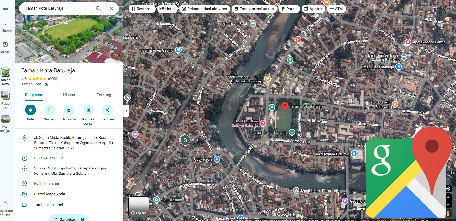 Tangkapan layar peta digital Google Maps menunjukkan lokasi Taman Kota Baturaja di Kabupaten OKU.