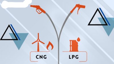 Ilustrasi grafis perbandingan antara bahan bakar Compressed Natural Gas (CNG) dan Liquefied Petroleum Gas (LPG).