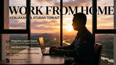 "Infografis dan foto siluet seorang pria berbatik duduk bekerja di depan laptop di depan jendela besar saat matahari terbenam. Di bagian atas terdapat teks besar 'WORK FROM HOME' dan 'KEBIJAKAN & ATURAN TERKAIT'. Di sebelah kiri, terdapat empat poin dengan ikon: ikon sinyal untuk 'Penguatan Layanan Digital (e-Kinerja, Tanda Tangan Elektronik)', ikon jam untuk 'Jam Kerja Fleksibel (WFH Jumat & Komposisi WFO)', ikon pesawat untuk 'Pembatasan Perjalanan Dinas (50-70%)', dan ikon dokumen untuk 'Evaluasi Berkala (Budaya Kerja Adaptif)'. Pemandangan di balik jendela adalah perbukitan dan sungai di bawah langit emas."