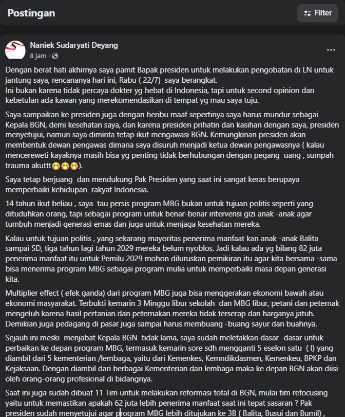 Tangkapan layar unggahan akun Facebook Naniek Sudaryati Deyang yang berisi klarifikasi pengunduran dirinya sebagai Kepala BGN untuk berobat jantung.