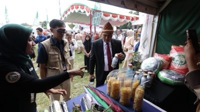 Pejabat daerah meninjau produk UMKM binaan di booth pameran PT Semen Baturaja pada perayaan HUT OKU ke-116.