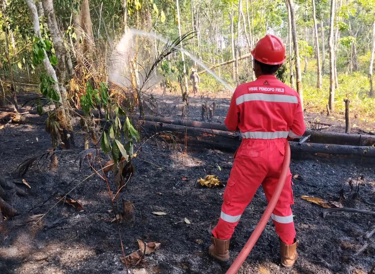 Seorang petugas berseragam merah dengan tulisan HSSE PENDOPO FIELD di punggungnya sedang menyemprotkan air dari selang merah ke tanah hutan yang hangus dan menghitam akibat kebakaran.